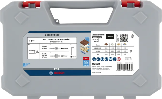 Sada závitových děrových pil Bosch PRO Construction Material, 9dílná.